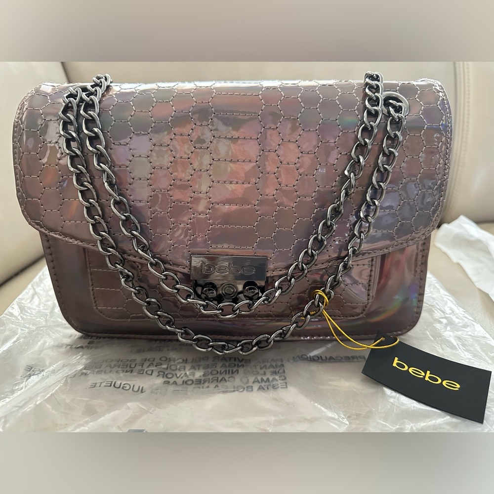 NWT BEBE Ona Crossbody Iridescent Holographic Silver Metallic Quilt Chain Purse - Picture 7 of 12